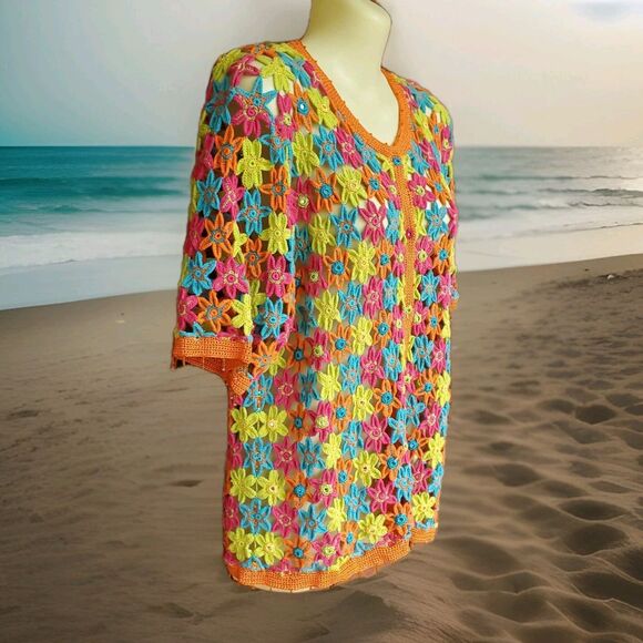 VTG Crochet Sweater XL Floral Colorful Embellished Cardigan Berek Takako Sakon - Picture 1 of 16